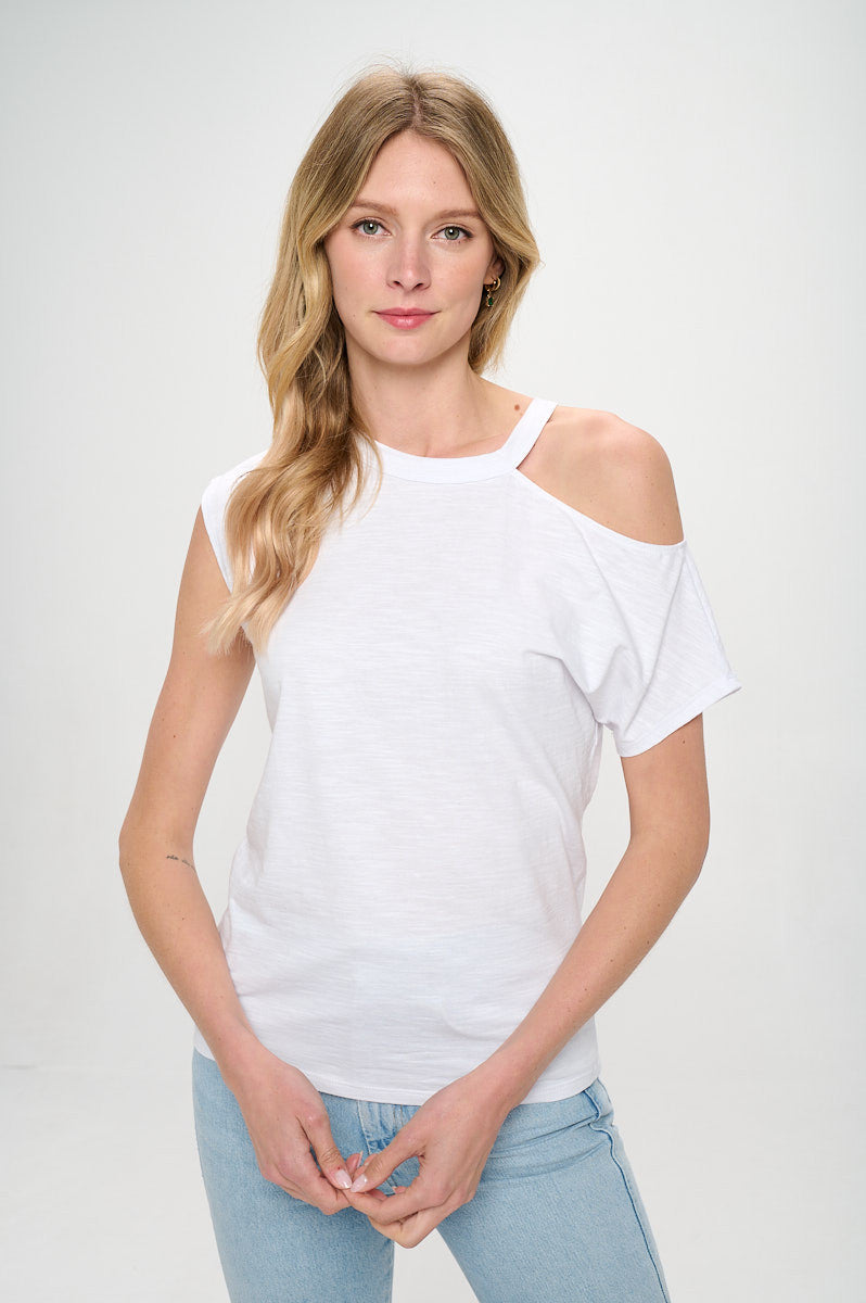 Cotton Slub Spandex One Open Shoulder Knit Top-0