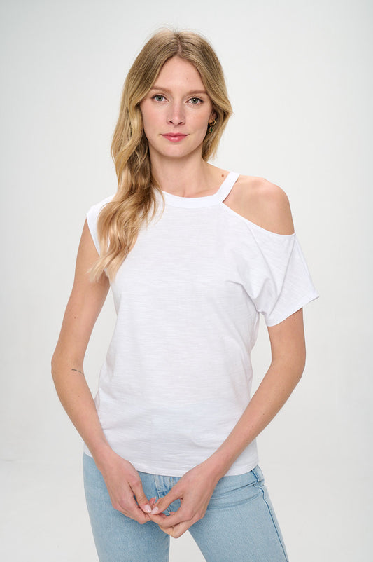 Cotton Slub Spandex One Open Shoulder Knit Top-0