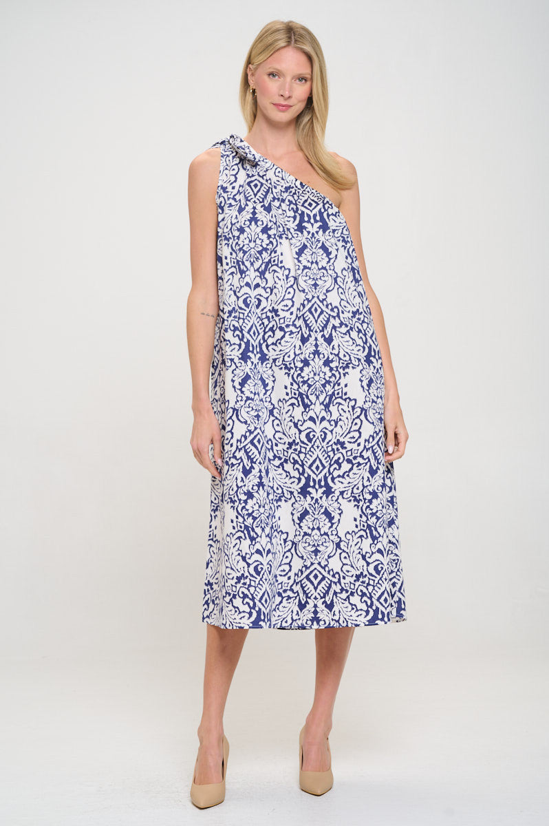 Cotton One Shoulder Midi Dress with Tie-1
