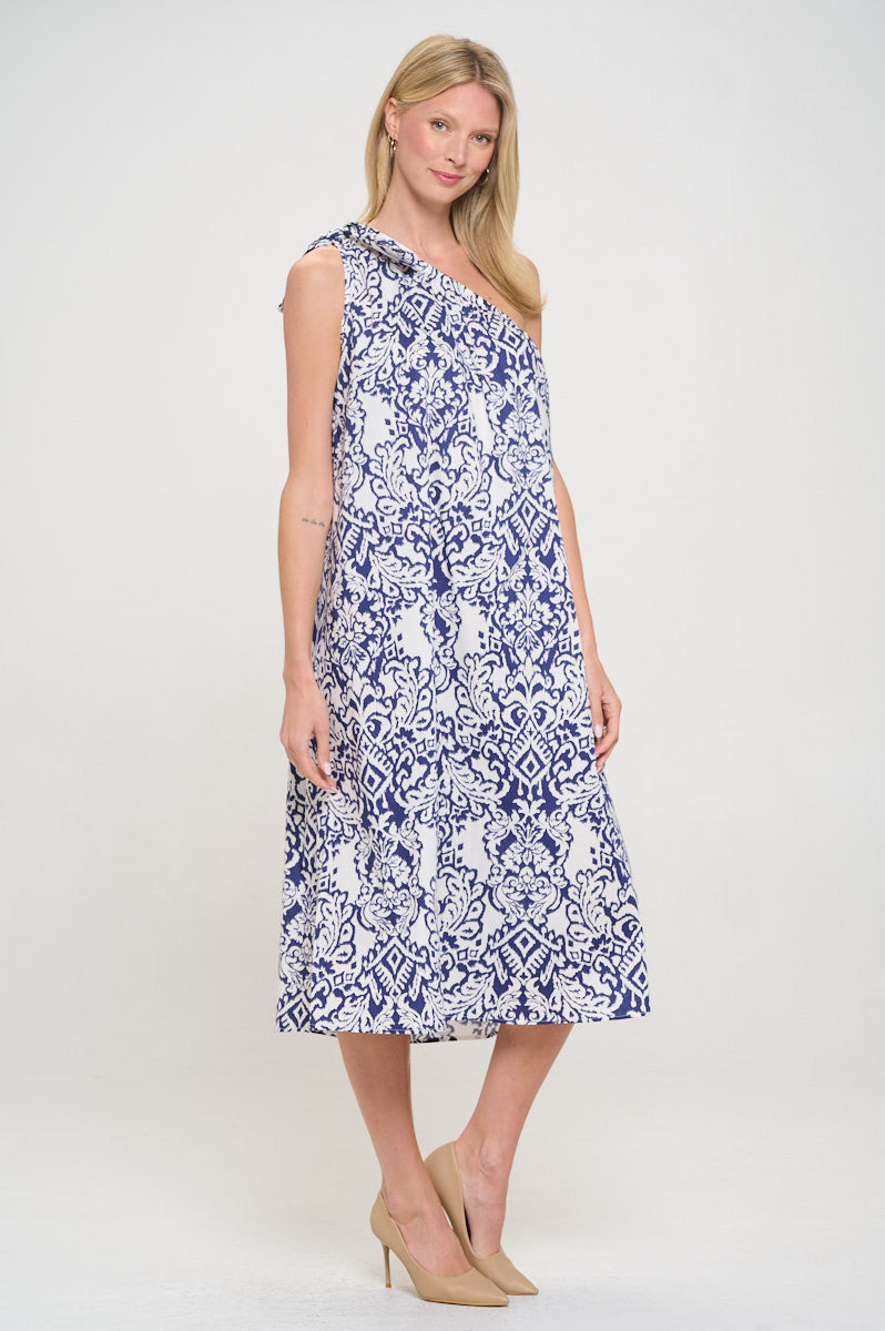 Cotton One Shoulder Midi Dress with Tie-3
