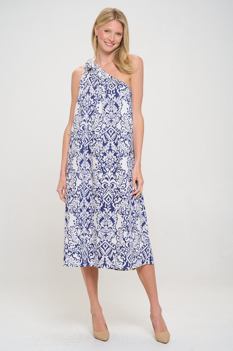 Cotton One Shoulder Midi Dress with Tie-2