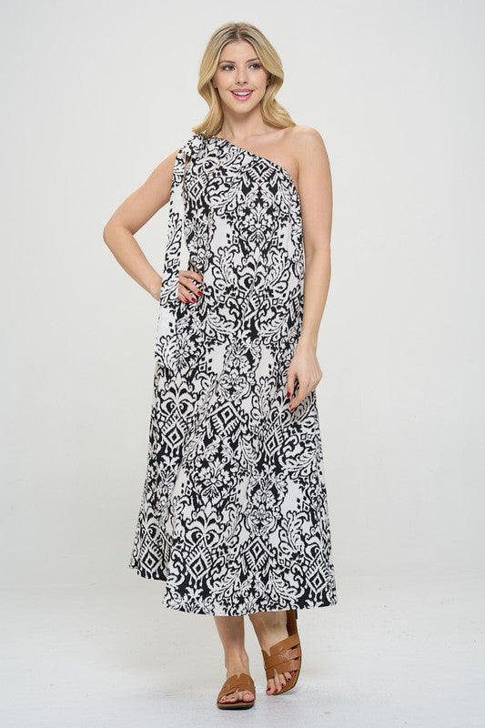 Cotton One Shoulder Midi Dress with Tie-1