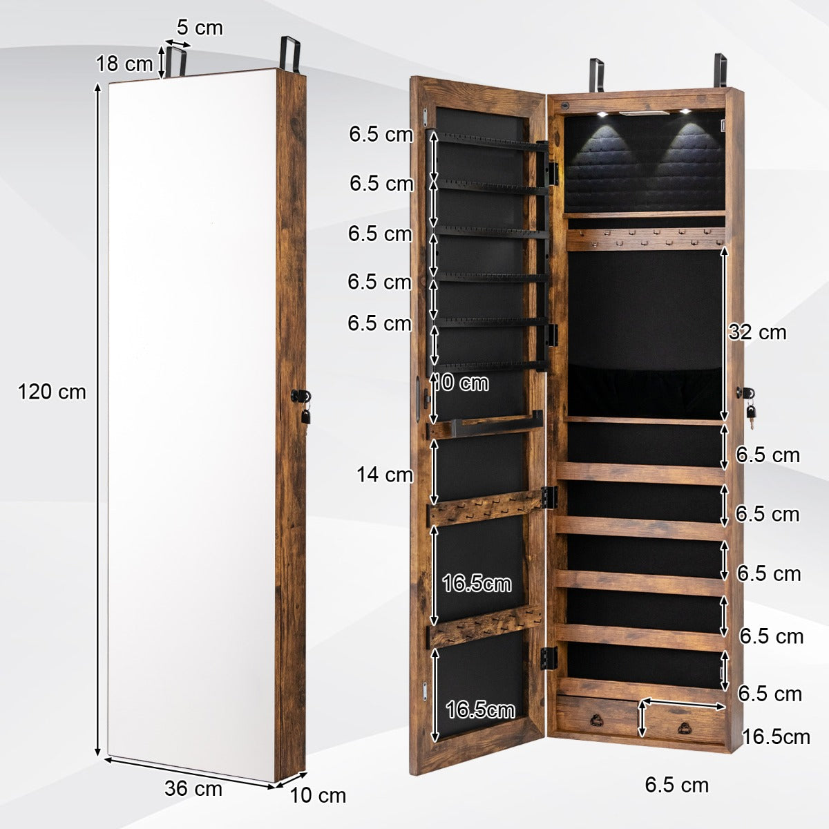 NNECW Lockable LED Mirror Jewelry Cabinet with Full Screen Mirror for Bedroom-Brown-3