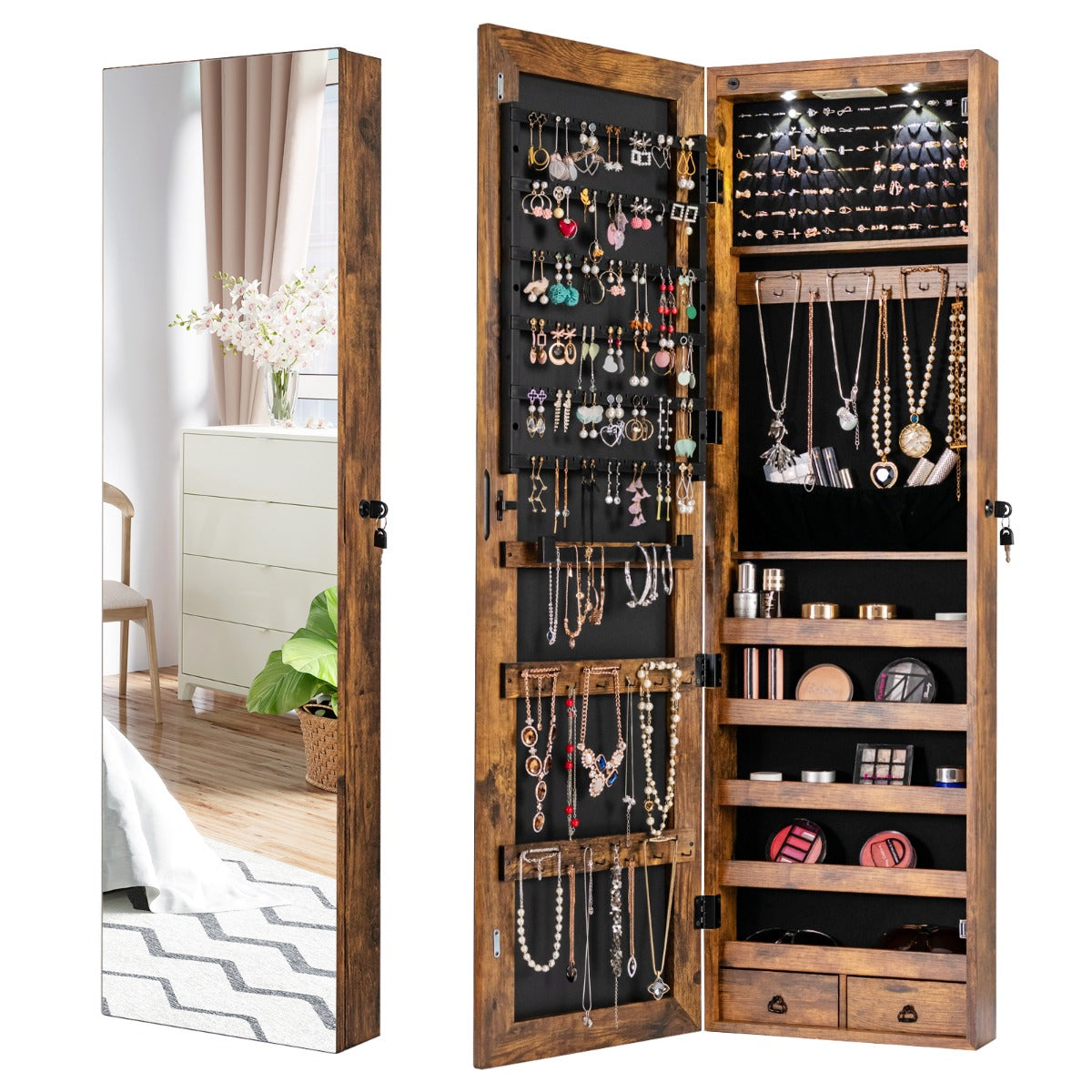 NNECW Lockable LED Mirror Jewelry Cabinet with Full Screen Mirror for Bedroom-Brown-1