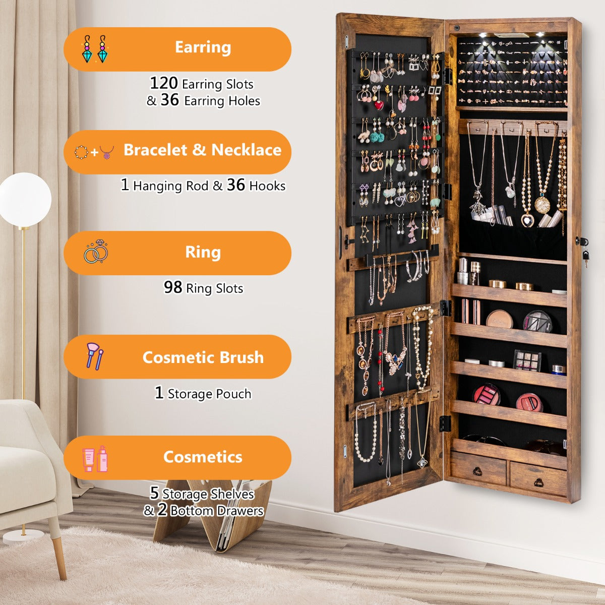 NNECW Lockable LED Mirror Jewelry Cabinet with Full Screen Mirror for Bedroom-Brown-2