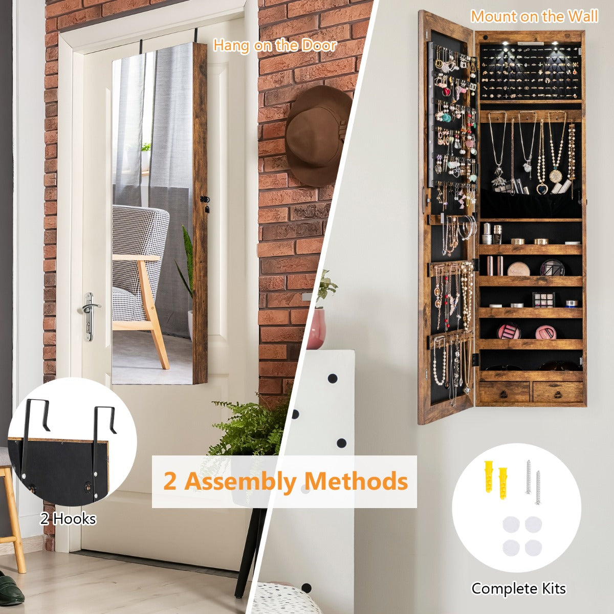 NNECW Lockable LED Mirror Jewelry Cabinet with Full Screen Mirror for Bedroom-Brown-4