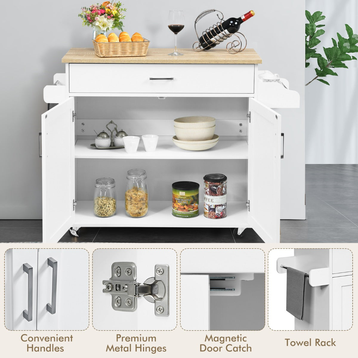 NNECW Portable Kitchen Island with Lockable Rubber Casters for Kitchen