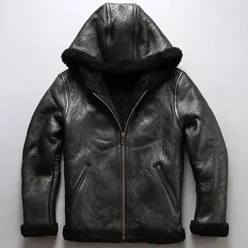 Mens Black Shearling Sheepskin Fur Hooded Coat
