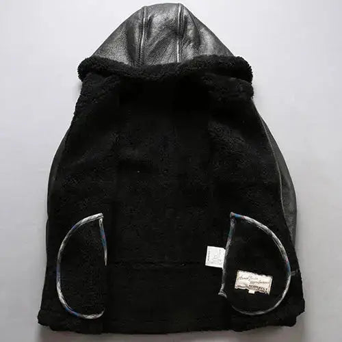 Mens Black Shearling Sheepskin Fur Hooded Coat