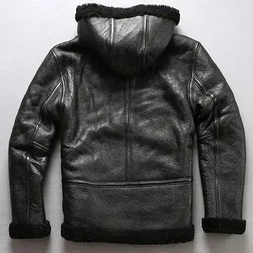 Mens Black Shearling Sheepskin Fur Hooded Coat