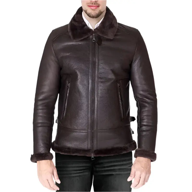 Dark Brown Shearling Lamb Biker Jacket