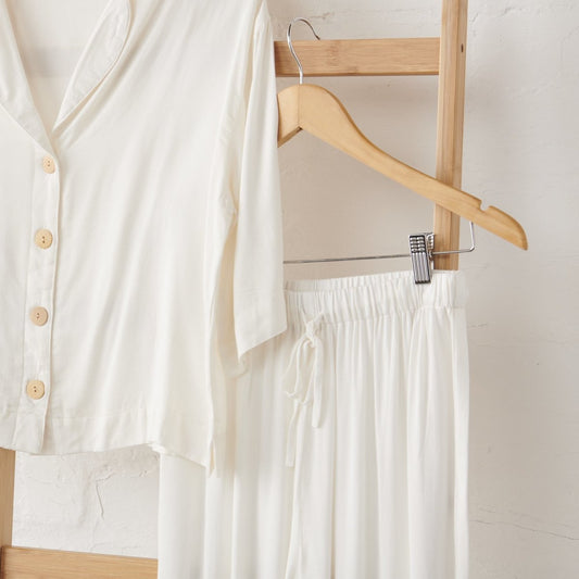 Bamboo Pyjamas - Crop Button Up + Pant Set in White