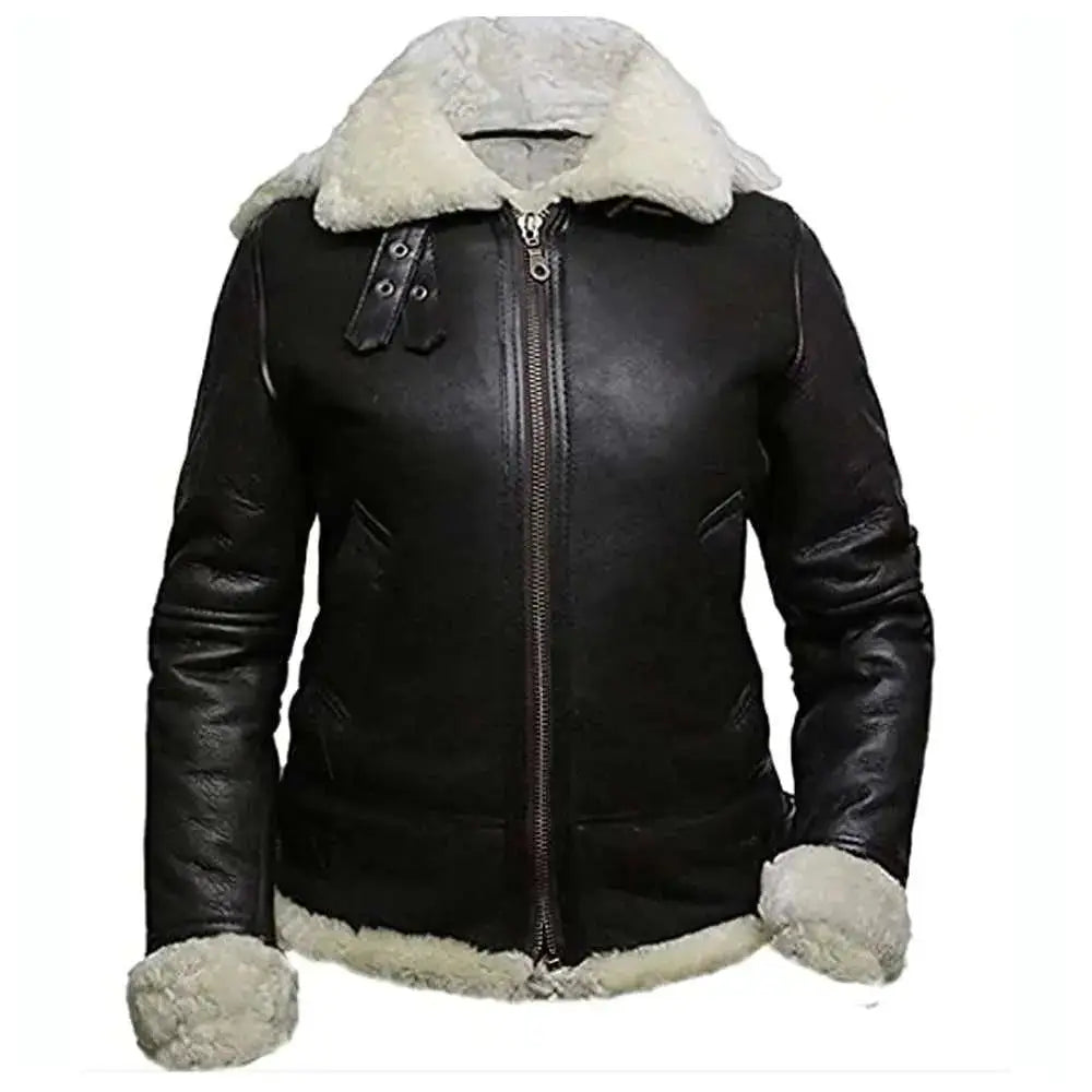 Womens Black Leather B3 Bomber Aviator Jacket