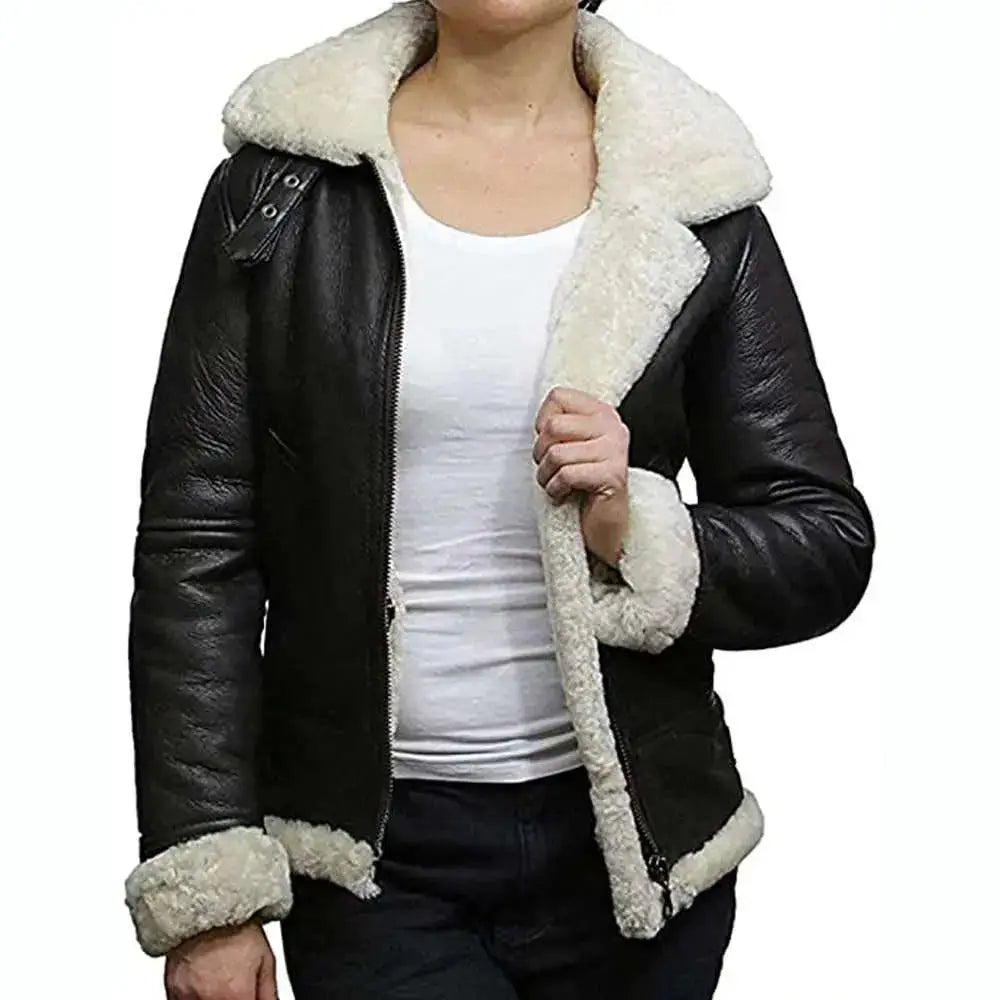 Womens Black Leather B3 Bomber Aviator Jacket