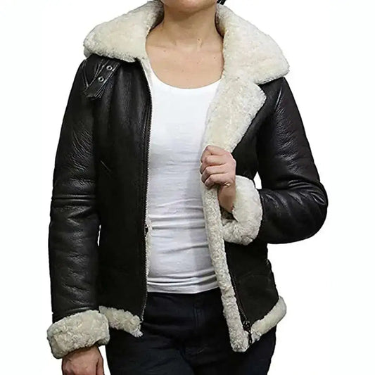 Womens Black Leather B3 Bomber Aviator Jacket