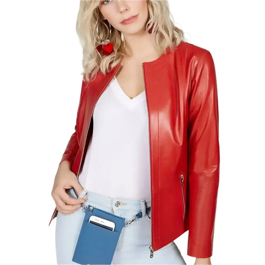Women's Collarless Red Leather Blazer – Slim Fit