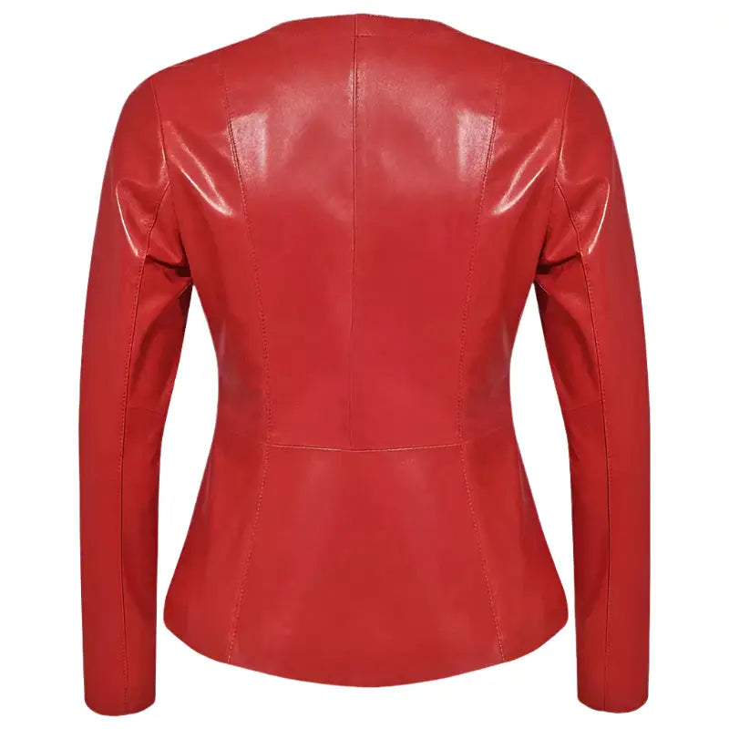 Women's Collarless Red Leather Blazer – Slim Fit