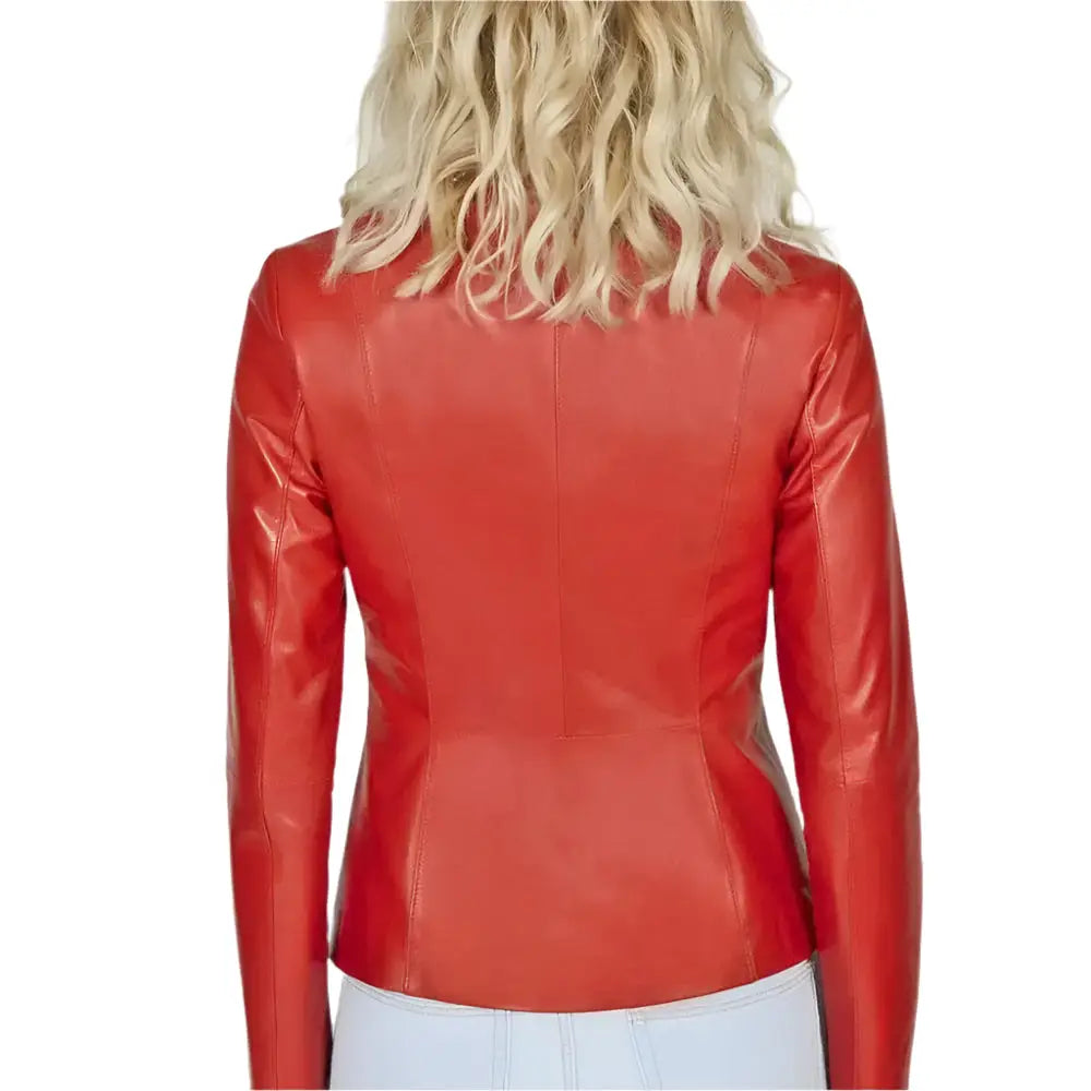 Women's Collarless Red Leather Blazer – Slim Fit