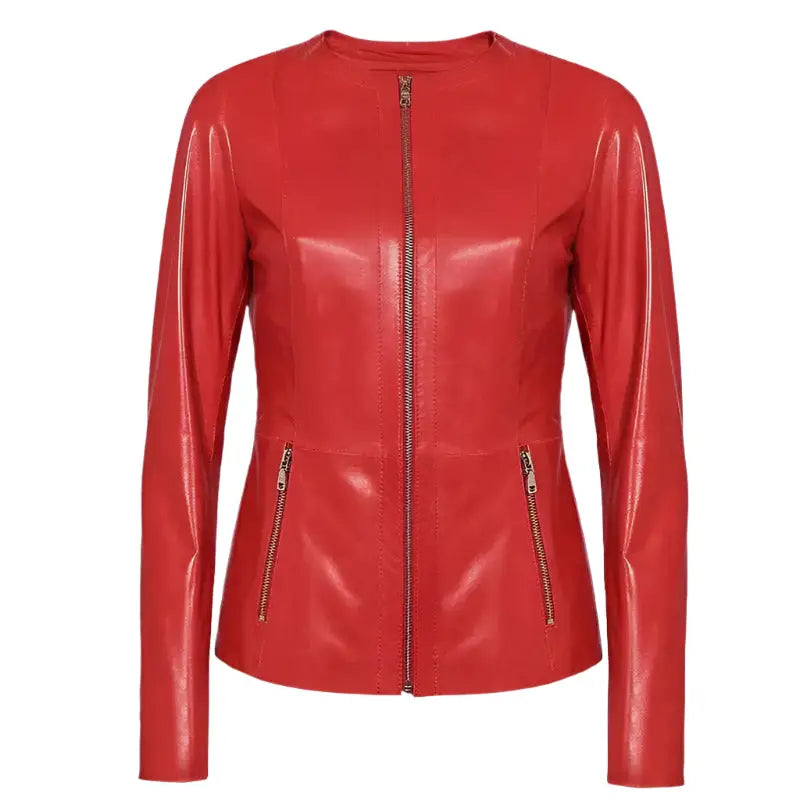 Women's Collarless Red Leather Blazer – Slim Fit